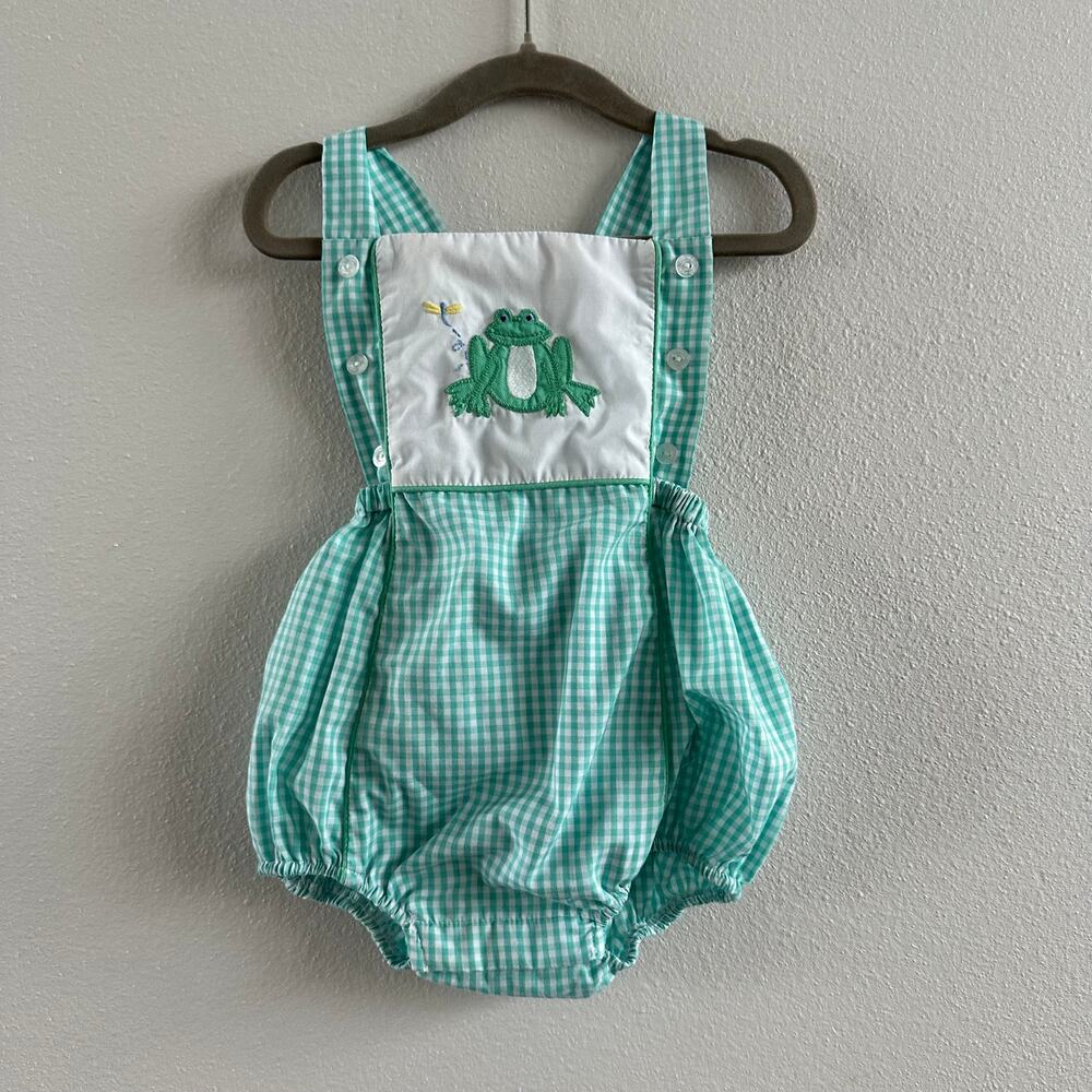 little english Green Gingham Baby Romper with Frog Embroidery Size 18 M